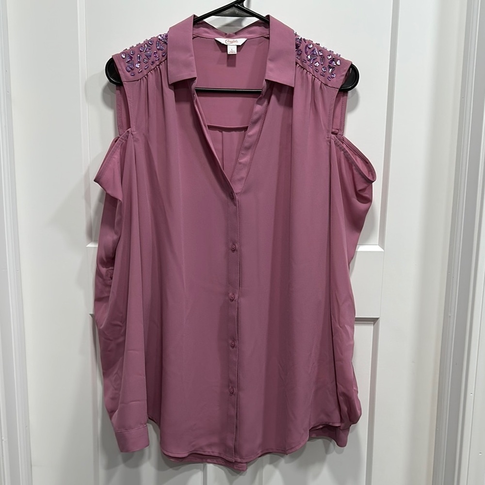 Candie’s Pink Button Down Cold Shoulder Blouse With Purple Jewels - Size Large